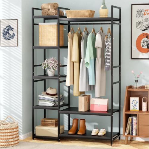Image of Lukzer Heavy Duty Garment Rack with 8 Shelves & Hanging Rod | Free-Standing Modern Clothes Stand Metal & Engineered Wood Shoe Rack with Adjustable Foot Pads for Living Room - MMR-004 /Black & Black