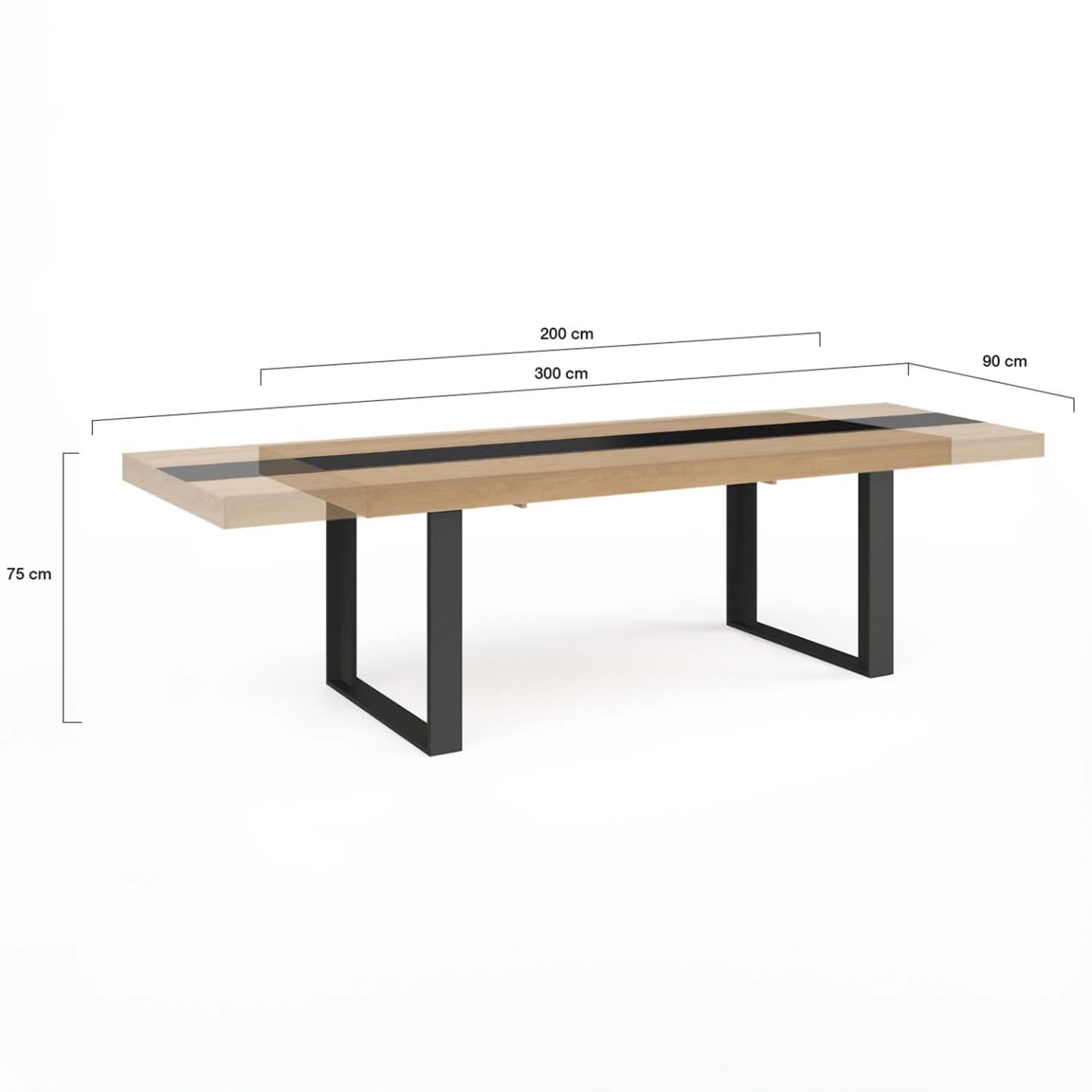 IDMarket - Table à Manger Extensible Rectangle Phoenix 6-12 Personnes Bois et Noir Bande Centrale Noire 200-300 cm