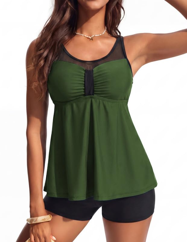 Hanna Nikole Tankini Damen Set,Bauchweg Badeanzug,Zweiteilig Bogen Tankini Oberteil Mit High Waist Badeshorts,Maschenverbindung Badebekleidung,Verstellbare Bademode,Flowy Strandmode Schwimmanzug
