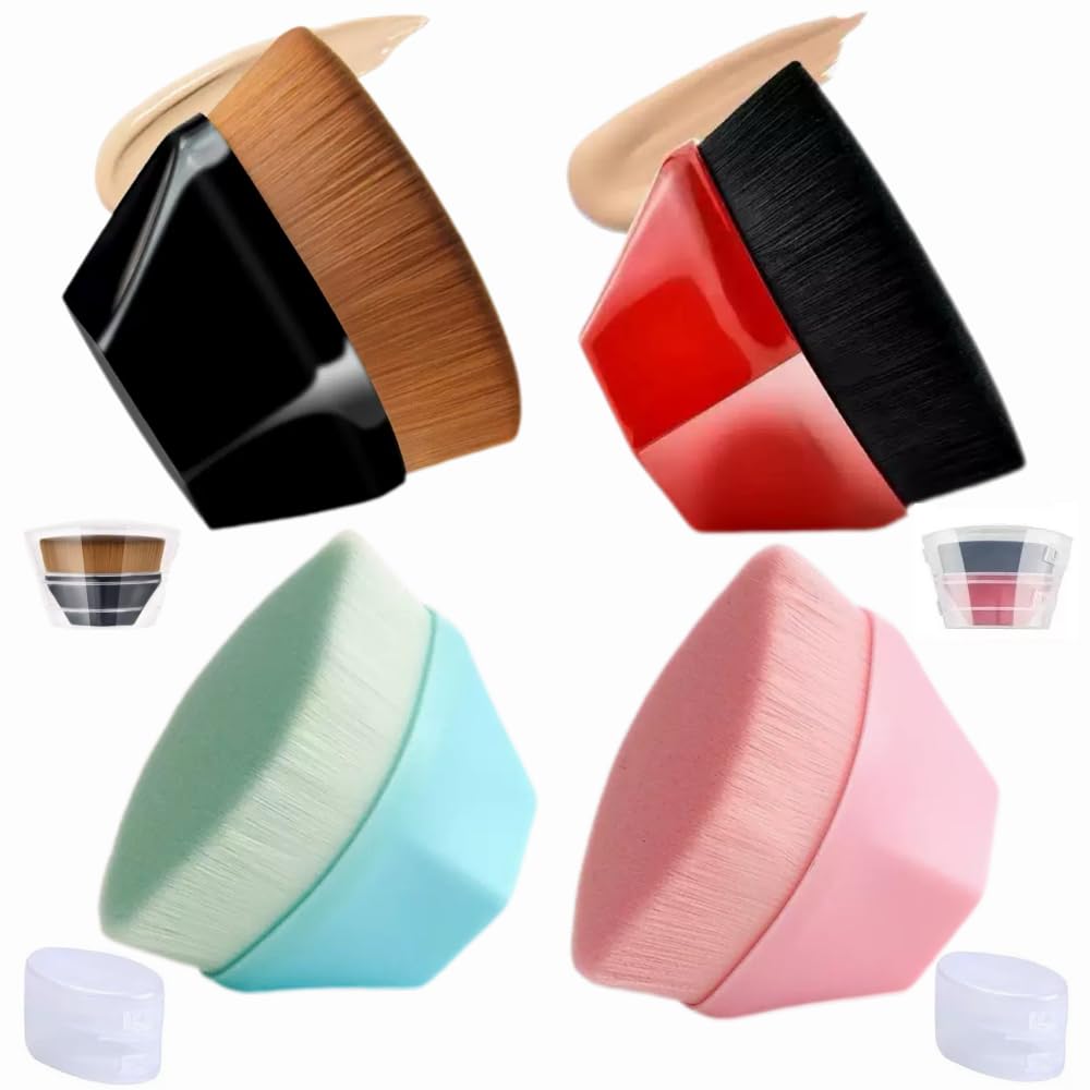 Foundation Makeup Brush for Blending Liquid Cream Flawless Powder Face Blush with Protective Black Pink Red and Blue (4 Pack)