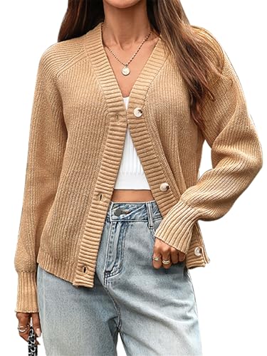 Cardigan Mujer Punto Grueso Invierno Chaqueta Abierta Suave con Botones Rebeca Cálida Cuello en V para Otoño e Invierno Casual Elegante S Caqui