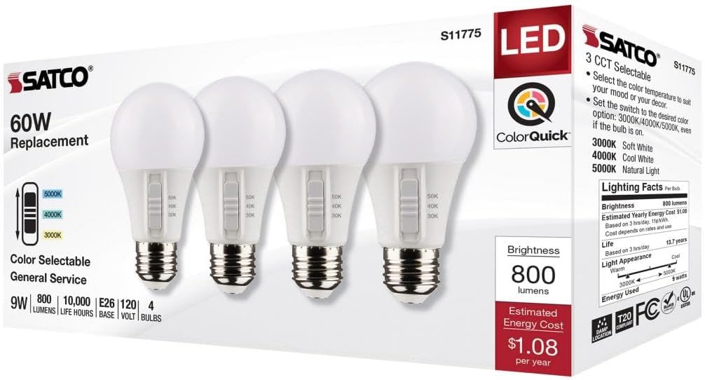 Satco S11775 9W 120V A19 LED Light Bulb; E26 Medium Base; CCT Selectable; White Finish; 90 CRI (4 LED Bulbs)