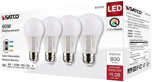 Miniatura 8 de Satco Bombilla LED S11775 9W 120V A19 Base mediana E26 CCT seleccionable acabado blanco 90 CRI (4 bombillas LED)