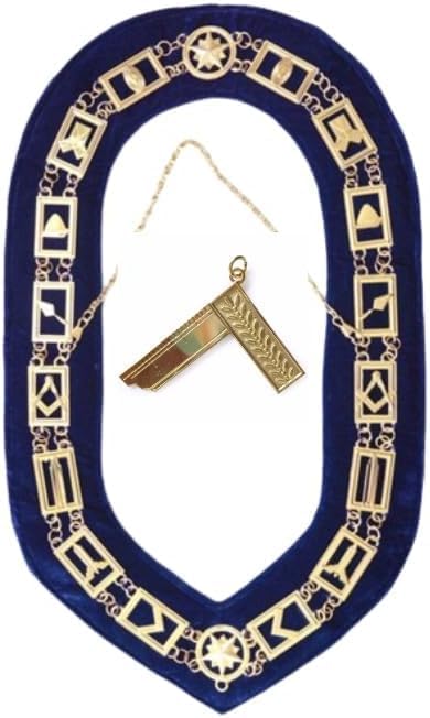 MASONIC BLUE LODGE OFFICER CHAIN COLLAR WITH Worshipful Master JEWEL - MASONIC REGALIA BLUE LODGE CHAIN COLLAR GOLDCHAIN AND BLUE BACKING