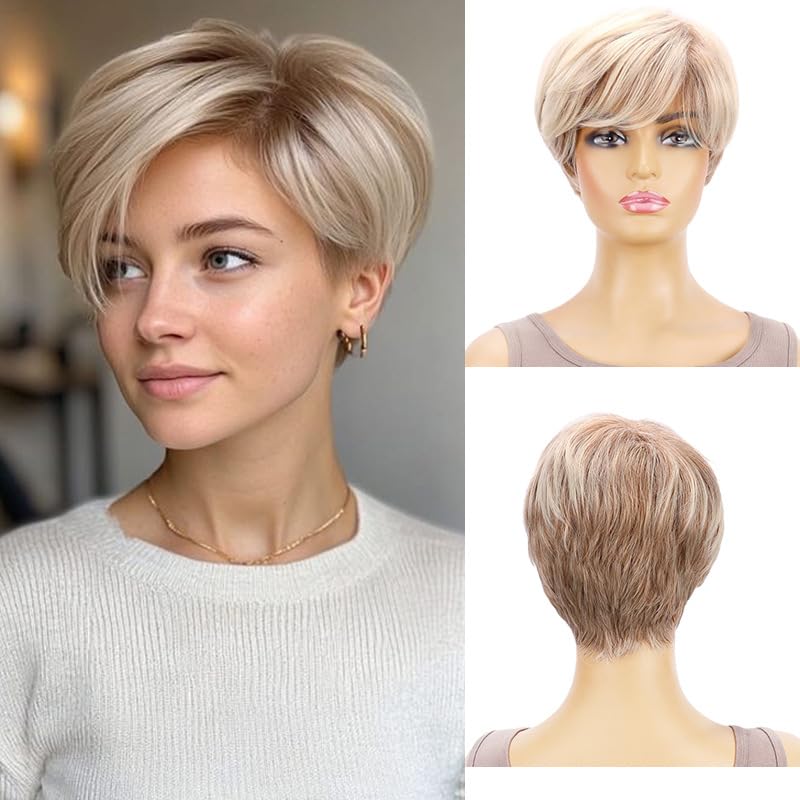 Blonde Short Straight Pixie Cut Wigs Pixie Cut Human Hair for Women Real Hair Wig Glueless and Lightweight for an Natural Look (Blonde Mixed,6 Inch)