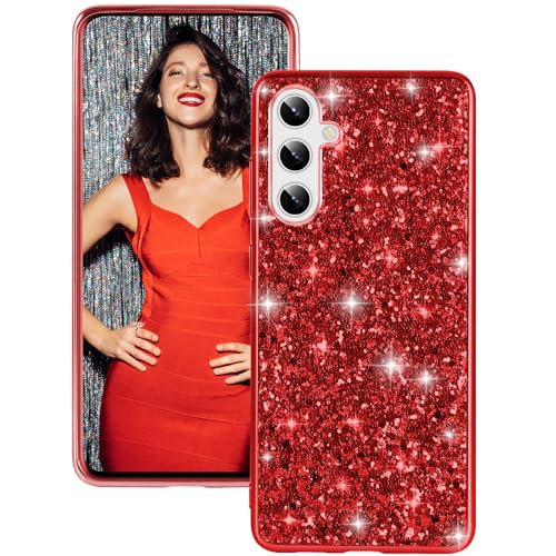 Fiyer Silicone Case for Samsung Galaxy S25 Plus 5G, Glitter Sparkle Bling, Hybrid Matte Back, Heavy Duty Shockproof Protective Cover, Red