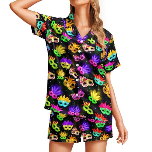 Image of Silk Satin Pajama Set for Women Summer Lounge Pjs Sets 2 Piece Suit Ladies Button Down Tops And Shorts Sleepwear