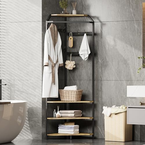 GarveeHome Corner Coat Rack with Shoe Bench Entryway, Corner Hall Tree with 6 Double Hooks, Clothes Rack with Storage Hall Tree with Organizer Shoe Bench Shelf (Vintage 02, 20 * 20 * 71 inch)