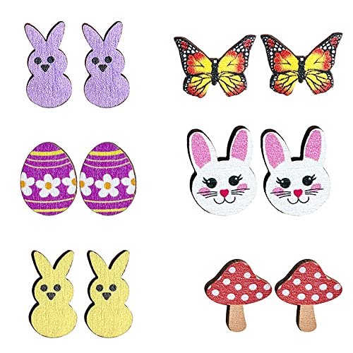 Coloridos aretes de tuerca de madera natural con diseño de conejo de Pascua, conejo, zanahoria, huevo, seta, mariposa, a granel, para mujeres y niñas, joyería hecha a mano, madera, madera, Madera
