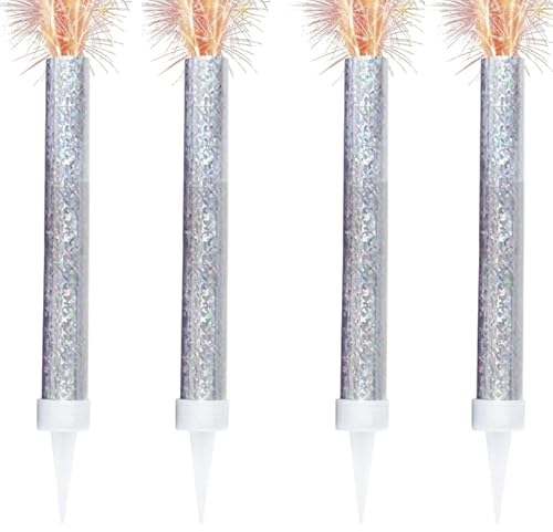 Ice Fountain Candles for Cakes, Cake Sparklers, Cake Toppers, Ideal for Christmas Decoration, Birthday Party, Decorations, and Other Special Occasions (4Pcs Silver Fountain)