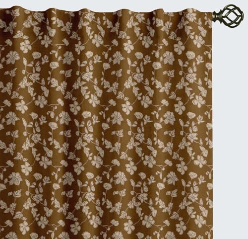 Vargottam Cotton Canvas Curtains - Rod Pocket/Back Tab Farmhouse Drapes for Living Room or Bedroom Windows - Light Filtering - 3-Way Hanging Style - Set of 2 Panels, 52"x72" - Floral Pattern (Brown)1