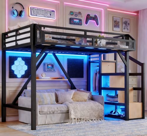 Bellemave Twin XL loft Bed with Storage Stairs, Wardrobe, Shelves, Metal Twin XL Size Loft Bed Frame for Adults, Kids, Teens, Black+Natural Wood