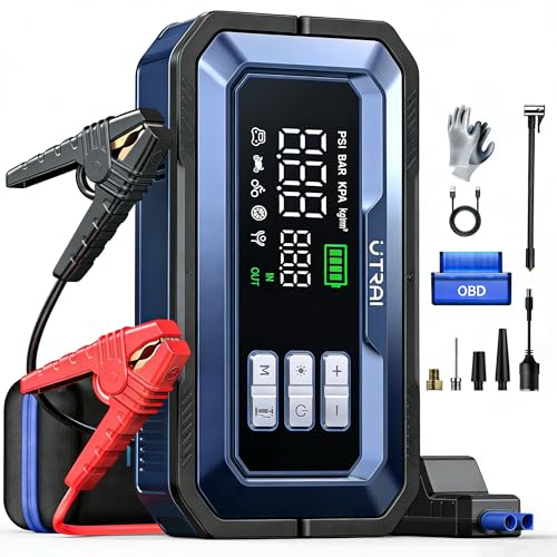 8000A Arrancador de Baterias de Coche con Compresor de Air/Escáner OBD II/160W DC out/Luz LED de 2000 lúmenes/18W Carga Rápida(para All Gas/14L Diesel/híbrido) UTRAI Jump Starter