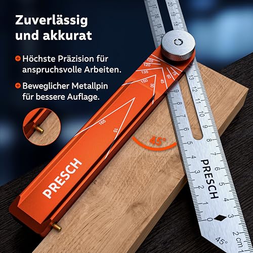Presch Winkelschmiege inkl. Zusatzlineal - 190mm & 270mm - Extrem präzise Winkel übertragen - Verstellbare Schmiege mit Streichmaß-Funktion aus präzisionsgefrästem Aluminium und Edelstahl