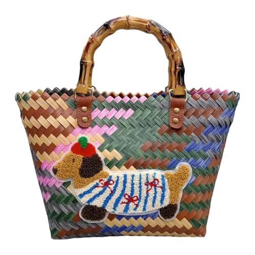Elegante bolso tejido para mujer con estampado de perro salchicha y rayas retro, bolsas de compras casuales para varias ocasiones, bolso de mano retro a rayas, Perro Dachshund, One Size Elegante bolso tejido para mujer con estampado de perro salchicha y rayas retro, bolsas de compras casuales para varias ocasiones, bolso de mano retro a rayas, Perro Dachshund, One Size