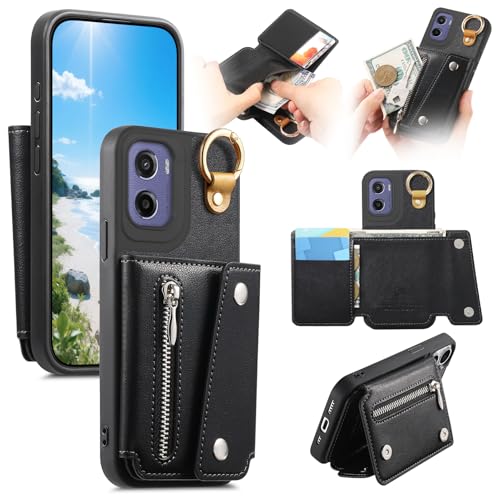 Motorola Moto G05 housse portefeuille noir avec fermeture éclair et porte-carte