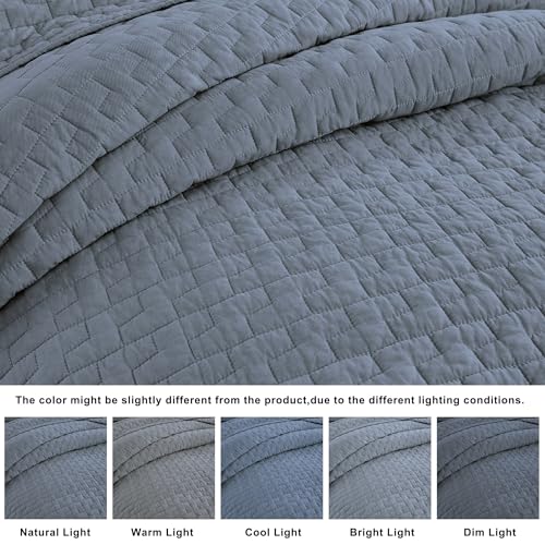 Image of palassio Blue Grey 100% Cotton Quilt Queen Size Bedding Sets with 2 Pillow Shams, Textured Lightweight Soft Bedspread Shabby Chic Coverlet, Quilted Comforter Bed Cover for All Season, 3 Pieces