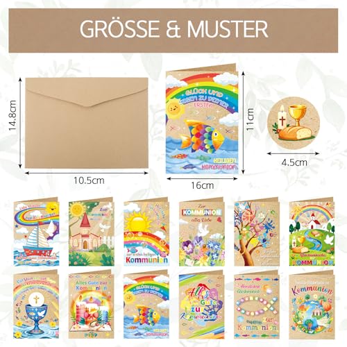 12 Erstkommunion Karten Set mit Umschlägen & Aufklebern, Kraftpapier Grußkarten für Junge & Mädchen, Klappkarten mit religiösen Motiven zur Kommunion