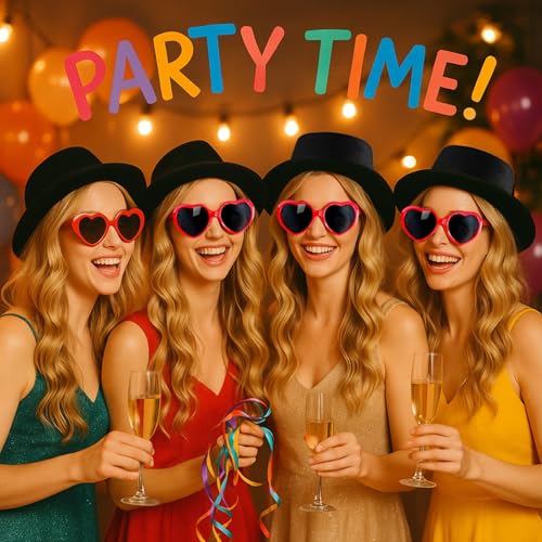 Image of Black Fedora Hats Red Heart Sunglasses Costume for Women and Men, Fashion Flat Wide Brim Round Hats