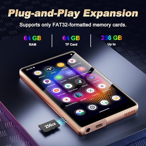 Image of 128GB Android 11 MP3 Player with Bluetooth 5.0 and WiFi, 5 inch HD Touchscreen Portable Music Player for Spotify, YouTube, Audible and Amazon Music, Supports up to 256GB, Gold