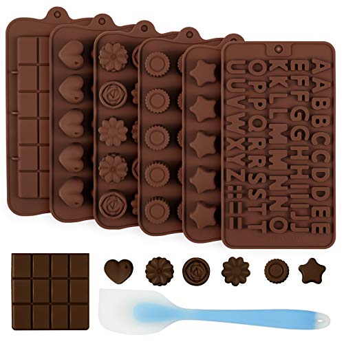 Zoyomax Schokoladenformen aus Silikon, Herzform, Buchstaben, Blume, Sternform, Süßigkeitenformen, mit 1 Packung Cremespatel für Valentinstag, Schokolade, Gummi, harte und weiche Süßigkeiten, 6 Stück Cover