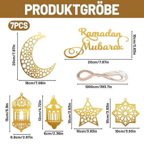 6 Stück Goldene Mond Sterne Anhänger Ornament mit 10m Juteschnur, Ramadan Dekoration Set, Umrah Mubarak Deko Akryl Hängeelemente für Innenbereichen Wanddeko Fensterdeko Wohnzimmer