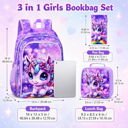 Image of 3Pcs Unicorn Backpack for Girls, 16 inch Kids Bookbag with Lunch Box，School Backpacks for Elementary Preschool Kindergarten (Purple)