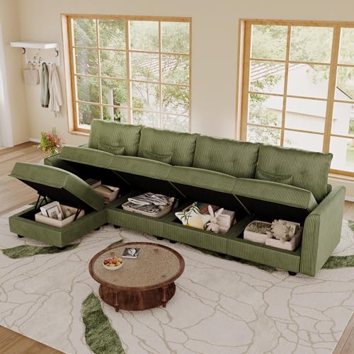 Image of LLappuil 112 inch Modular Sectional Sofa with Storage, L-Shaped 5-Seat Corduroy Couch with 4 Throw Pillows, Pet-Friendly Convertible Sofa for Small Living Room & Apartment, Skin-Friendly, Green