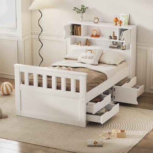 Twin-Size-Captains-Platform-Bed-with-Bookcases-HeadboardFootboardSleigh-Bed-Frame-Underneath-Storage-Drawers-and-CabinetNo-Box-Spring-NeededWhite Twin Size Captains Platform Bed with Bookcases HeadboardFootboardSleigh Bed Frame Underneath Storage Drawers and CabinetNo Box Spring NeededWhite
