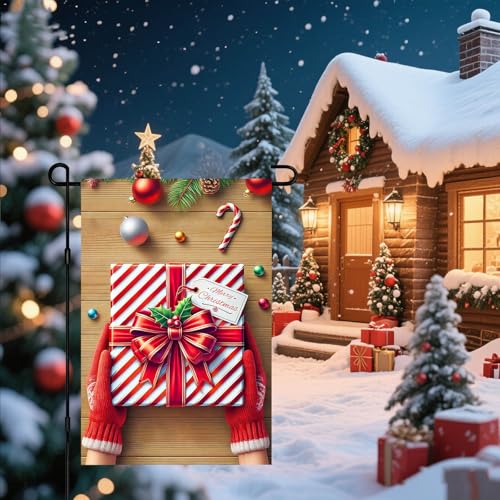 Image of BlissYard Christmas Garden Flag 12x18 Inch Candy Cane Box Yard Decor | Double sided polyester, christmas wrapped box design, wrapped box decor for holiday porch and yard