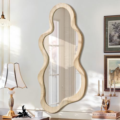 Espejo asimétrico para decoración grande de 76 x 36 cm, moderno espejo de pared con marco de madera, forma única, montado en la pared, espejo artístico ondulado, decorativo para sala de estar