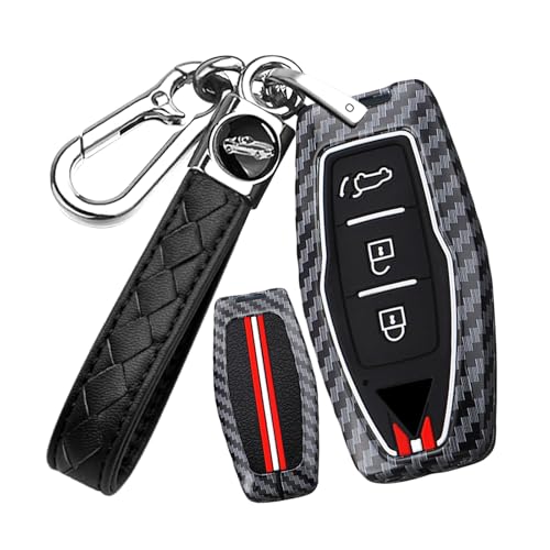 HIBEYO 3 Button Key Fob Cover Fit for Mitsubishi Outlander 2023 2022 2021 Accessories Metal&Silicone Glow in The Dark Carbon Fiber Texture Key Case-3 Button(Red&White Lines)