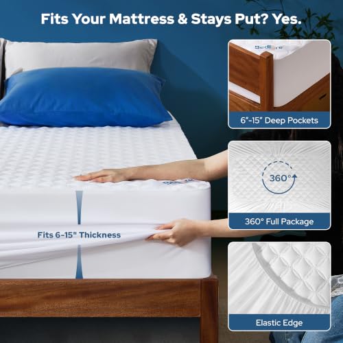 Image of BEDLORE 2 Pack Waterproof Mattress Protector, Twin XL Size Mattress Pad with Deep Pocket Fitted Up to 6-15 inches, Soft Noiseless Single Bed Mattress Cover for Bedroom (White)