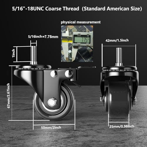 stem caster wheels heavy duty 2 inch threaded stem casters set of 4 51634-18x1 screw diameter 51634 stem length 134 safety dual locking industrial castors 600lbs wheels for cart furniture