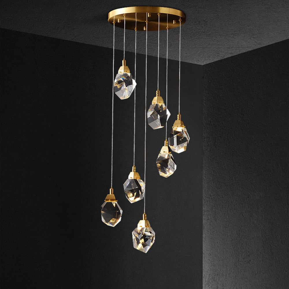 HYJAUSXB 5 Lights Crystal Pendant Light Modern Cluster Chandelier For Foyer Entryway Vintage Gold LED Raindrop Round Hanging Dining Room Bedroom Kitchen Island Stairwell Staircase Farmho