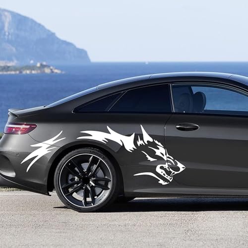 Image of TOMALL 50'' 2Pcs Wolf Car Sticker Decal for Car Body Side Stickers Auto Wolf Graphics Racing Sports Stripes Stickers for SUV Off-Road Vehicles Car Hood Trunk Universal Waterproof Vinyl Sticker (White)