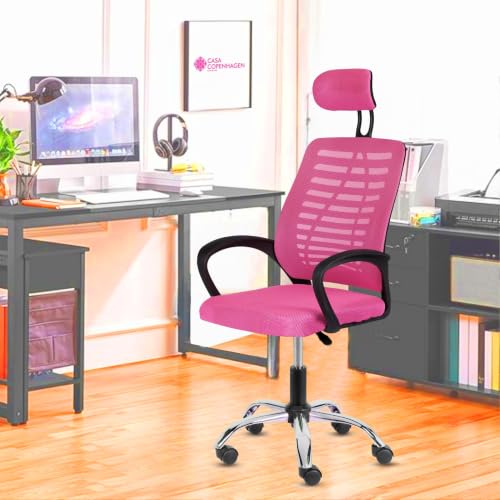 Image of Casa Copenhagen,Mesh Office Desk,Rocking, Ergonomic Computer Chair Adjustable High with Headrest and Comfortable Armrest Swivel Chair - Pink & Jet Black Handle