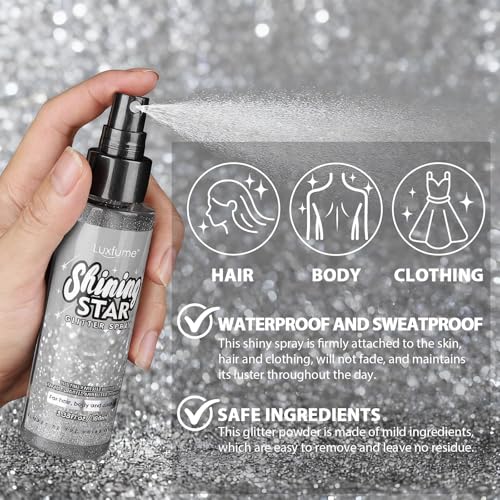 100ml Glitzer Spray, Glitzer Für Gesicht Und Body, Schnelltrocknend, Lang anhaltend, Glänzendes Make Up, Festival Outfit Damen, Perfekt Für Events Und Karneval (Silber)