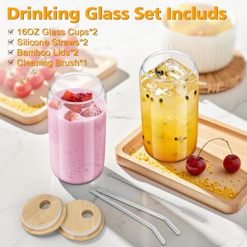 Image of sungwoo 2PCS Glass Cups with Bamboo Lids and Straws, 16OZ Ice Coffee Cup, Drinking Cup set with Wooden Lids, Home Essential Glass Tumblers for Beer, Cocktail, Tea and Latte Clear