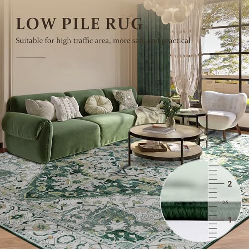 Deerly Green Large Washable Area Rug 8x10 for Living Room Bedroom Boho Vintage Rug for Dining Room Non-Slip Soft Low-Pile Thin, Green/Multi