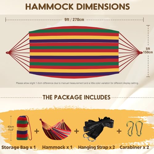 ANYOO Cotton Hammock Comfortable Fabric with Tree-friendly Straps, Durable Portable Hammock with Travel Bag, Perfect for Garden Camping Outdoor/Indoor Patio Balcony Backyard Red