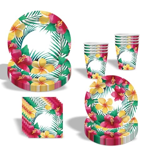 JUNBAOYYDS Set de vaisselle de fête pour Hawaï, Feuilles de Palmier Fleurs hawaï,pour anniversaire d'enfant, assiettes en carton, pour anniversaire d'enfant