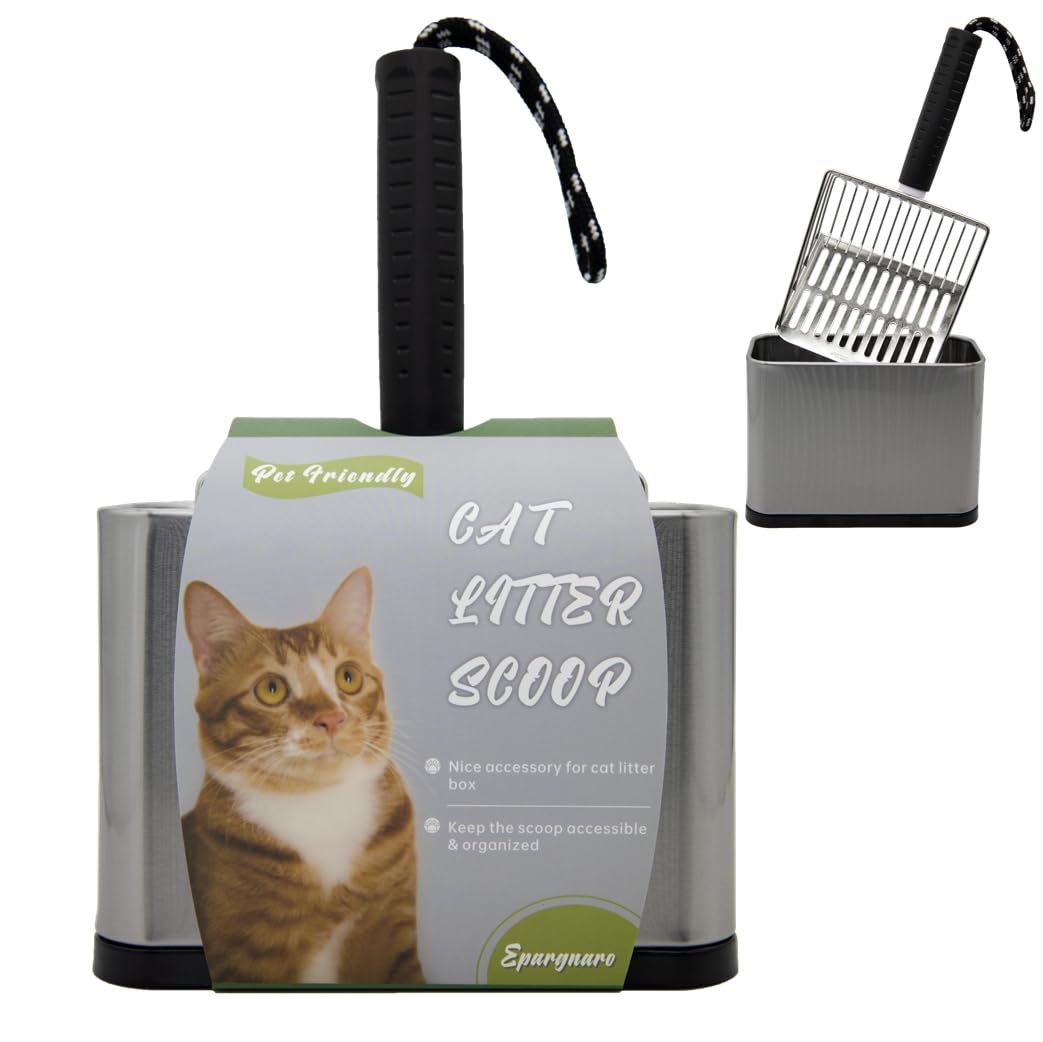 Metal Cat Litter Scoop with Holder, Stainless Steel Cat Litter Scooper Holder Trash Container, Heavy-Duty Kitty Poop Scooper with Coarse and Fine Grids for All Litter Pan