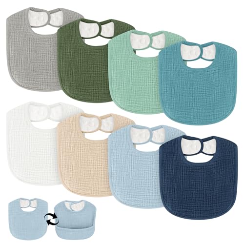 COMFYROLL Drool Bibs for Baby Boys & Girls, 8 Pack Muslin Baby Bibs for Drooling and Teething with Hidden Pocket, Soft Cotton, Extra Absorbent, Mess-proof, for Toddler, Newborn, Infant