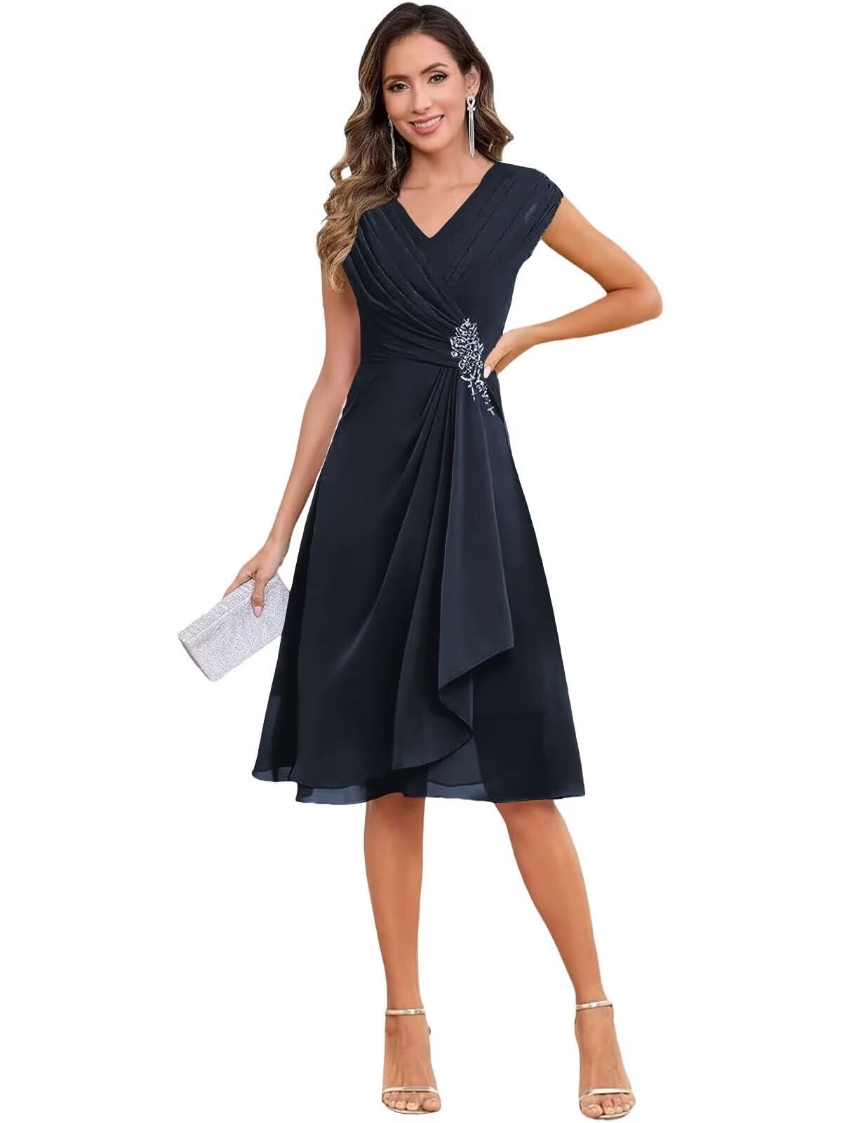 Lace Applique Mother of The Bride Dress for Women Cap Sleeve Short Formal Wedding Guest Dresses