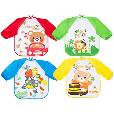 Karids Baby Bibs with Sleeves & Elastic Cuffs - Waterproof Cover and Leak-Free Bibs for Self-Feeding Babies and Toddlers 6-24 Months - Unisex Baby Smock Sleeved for Mess-Free Eating | 4 Pack Cover
