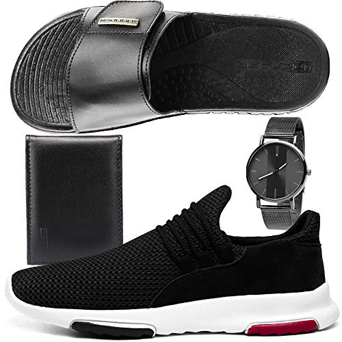 Kit Tênis Sneaker Masculino Conforto Com Chinelo Slide Esportivo + Relógio e Carteira (41, PRETO)