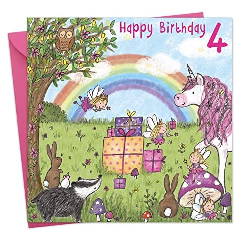 Twizler 4th Birthday Card for Girl with Unicorn - Age 4 Birthday Card - Age 4 Card - Age 4 Girl Gifts - Childrens Birthday Card - Girls Birthday Card - Happy Birthday Card Cover