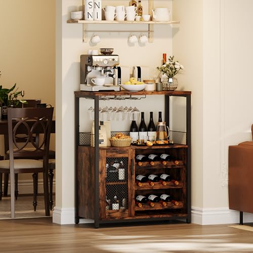 GarveeHome 3-Tier Wine Bar Cabinet with LED Lights & Wine Rack, Liquor Cabinet with Storage, Coffee Bar Cabinet with Glass Holder & Mesh Door, Sideboard Buffet Bar for Living Room, Dining Room, Brown