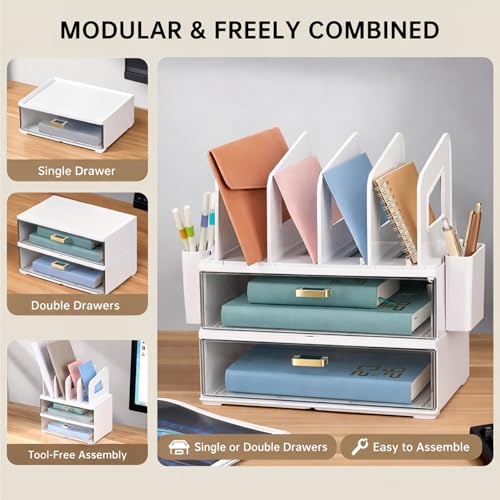 Image of CiWiVOKi Desk Organizer with 4 File Slots and 2 Drawers, White | Desktop organizer with dual pen holders for storing files, mail, notebooks and office supplies in home or office use